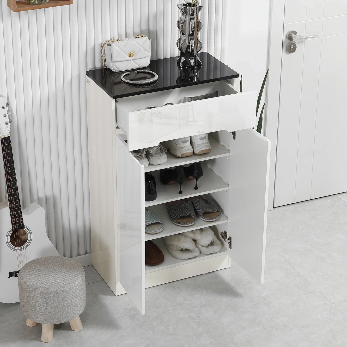 HOMCOM Slim Shoe Cabinet for up to 12 Pairs of Shoes for Entrances and Hallways with 3 Adjustable Shelves and Drawer made of Glossy Particle Board, 60x32x100 cm