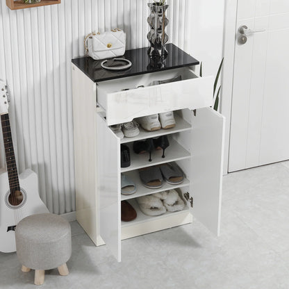 HOMCOM Slim Shoe Cabinet for up to 12 Pairs of Shoes for Entrances and Hallways with 3 Adjustable Shelves and Drawer made of Glossy Particle Board, 60x32x100 cm