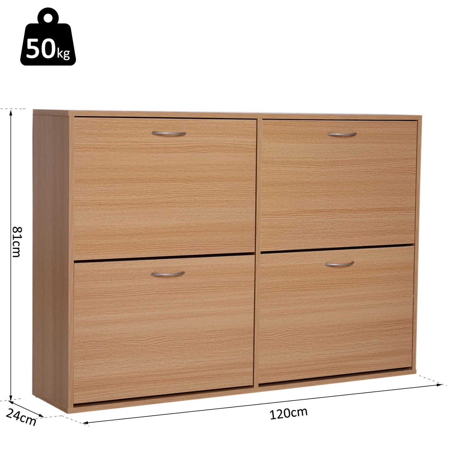 HOMCOM Schlankes Schuhregal mit 4 Klapptüren, modernes Schuhregal für 24 Paar Schuhe mit verstellbaren Einlegeböden, Holzfarbe, 120x24x81cm