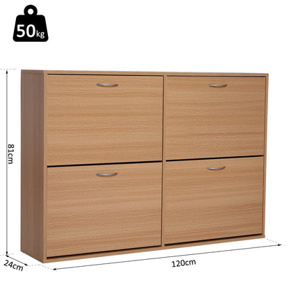 HOMCOM Schlankes Schuhregal mit 4 Klapptüren, modernes Schuhregal für 24 Paar Schuhe mit verstellbaren Einlegeböden, Holzfarbe, 120x24x81cm