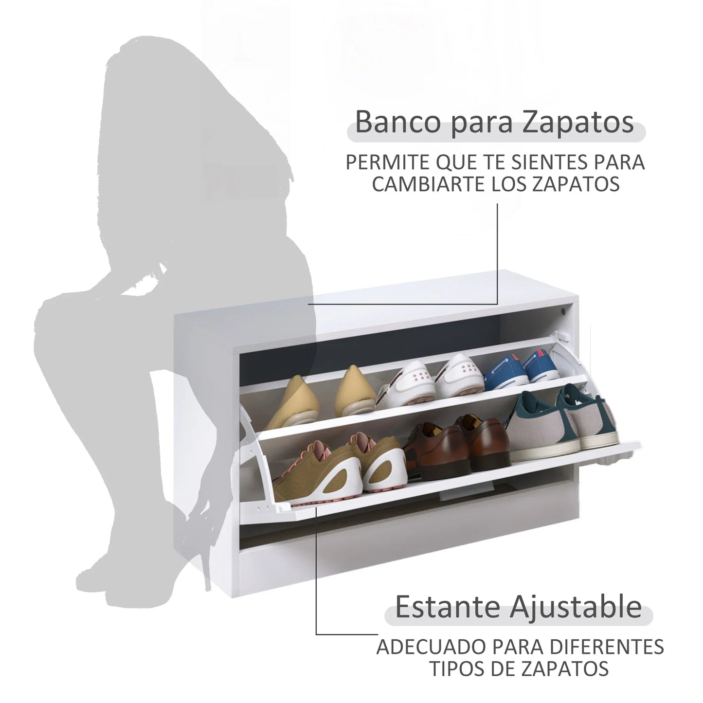 HOMCOM Möbelset für den Eingangsbereich 3-teiliges Schuhschrank-Spiegel-Garderobe mit 4 Haken zum Aufhängen von Kleidung 80x27x46,5 cm Weiß
