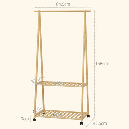 HOMCOM Bambus Kleiderständer mit Rollen, 2 offenen Regalen und 2 Haken, Kleiderständer für Eingangsbereich, Flur, Schlafzimmer 84,5x43,5x158 cm Natur