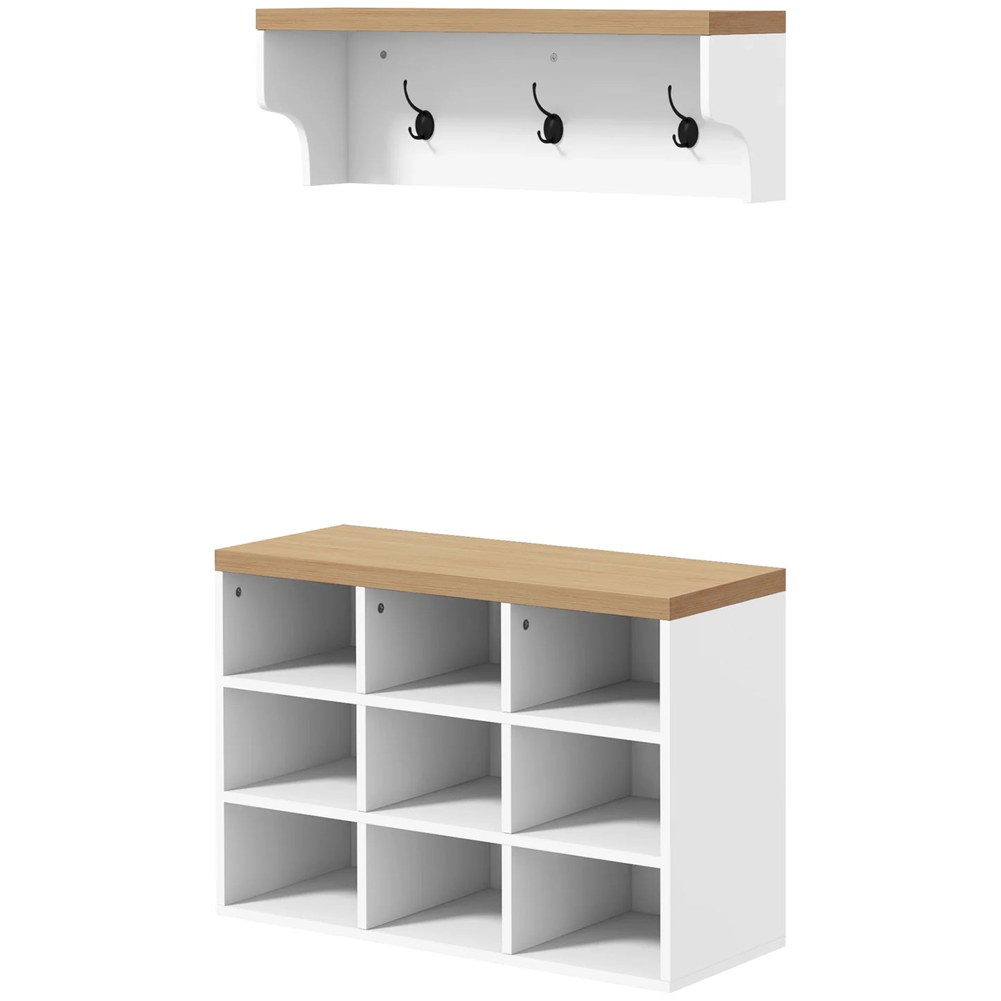 HOMCOM Coat Rack and Shoe Bench 2 in 1 Entrance Furniture with 3 Hooks and Shelves for 9 Pairs of Shoes 75x30x50 cm and 75x20x22.5 cm White