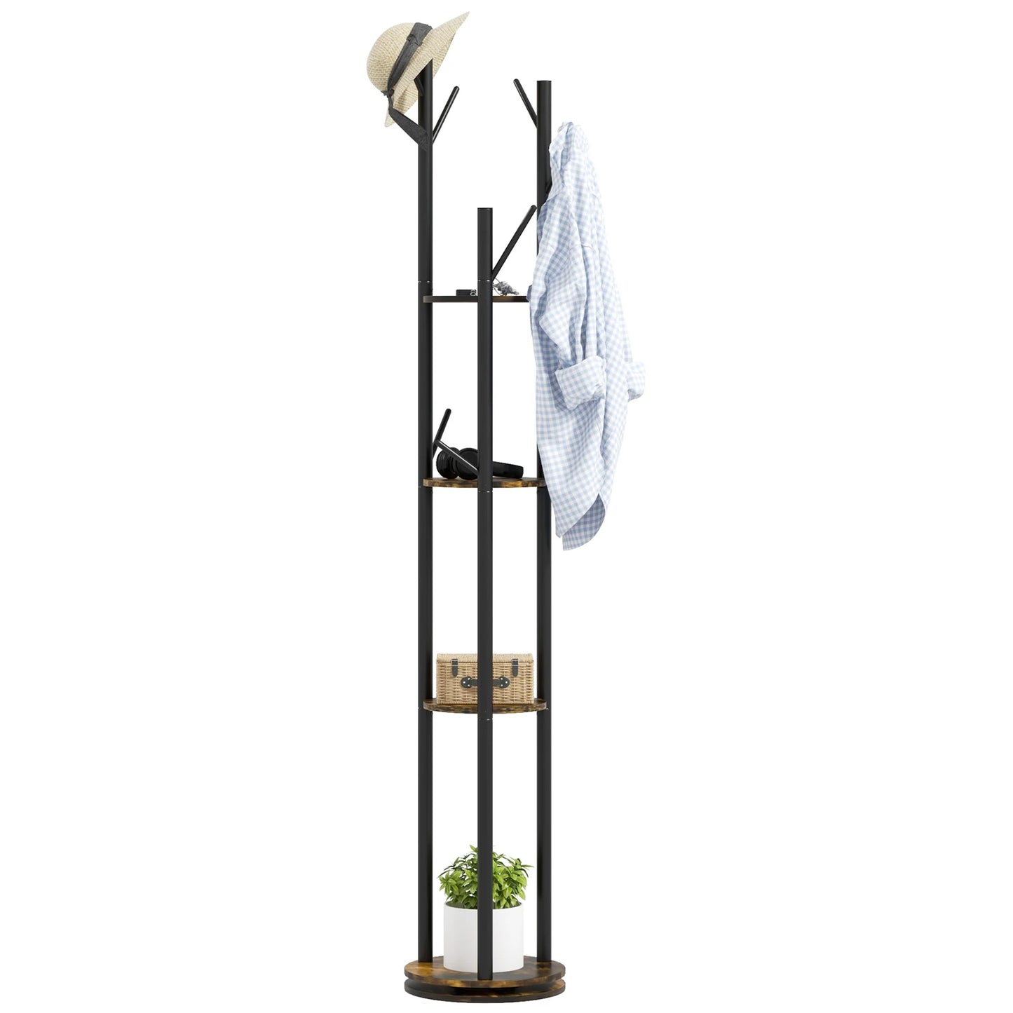 HOMCOM Rotating Freestanding Clothes Rack with 8 Hooks and 4 Shelves, Industrial Garment Rack for Entryway and Bedroom, Ø30x175cm, Rustic Brown