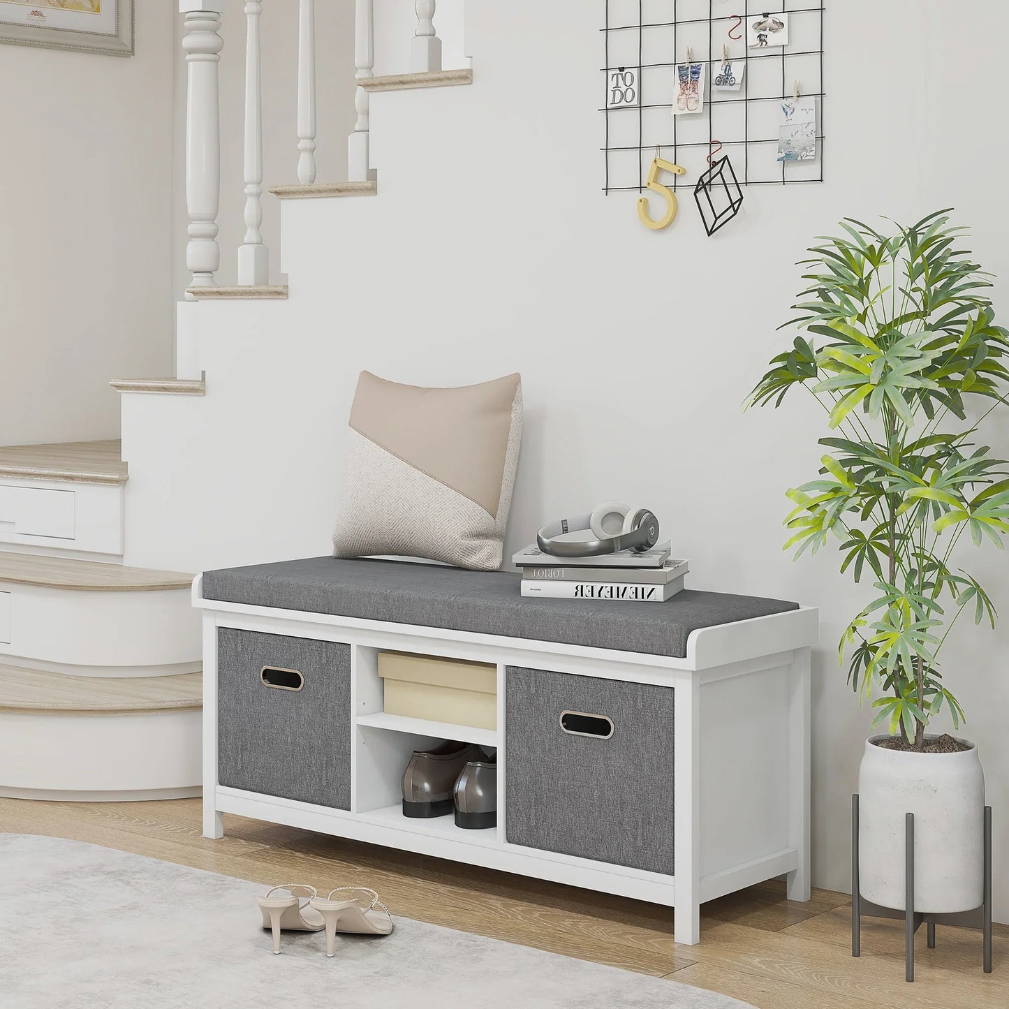 HOMCOM Schuhbank mit verstellbarem 3-stufigem Regal, 2 herausnehmbaren Schubladen und Polster, Möbel aus Spanplatte, 105x35x47 cm, Weiß und Grau