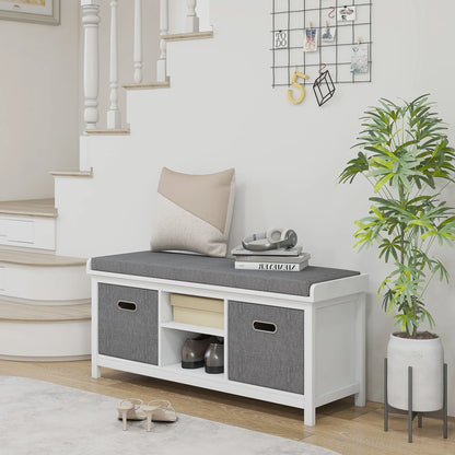 HOMCOM Schuhbank mit verstellbarem 3-stufigem Regal, 2 herausnehmbaren Schubladen und Polster, Möbel aus Spanplatte, 105x35x47 cm, Weiß und Grau