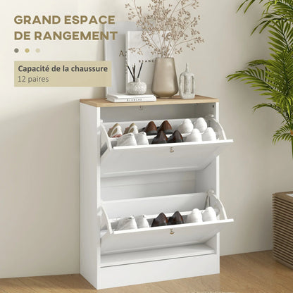 HOMCOM Shoe Cabinet for 12 Pairs, Slim Shoe Storage Cabinet, Modern Furniture Piece for the Entrance Area with 2 Flip-Down Drawers and Adjustable Shelves, for Hallway and Entrance Area, 60 x 24 x 80 cm, White