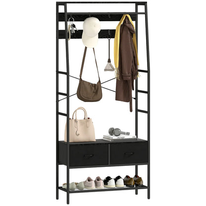 HOMCOM Coat Rack, Clothes Rail with Shoe Rack, 2 Fabric Drawers, Wardrobe with 8 Hooks, Shelf, Coat Rack with Anti-Tip Protection, for Hallway, Corridor, Bedroom, Black