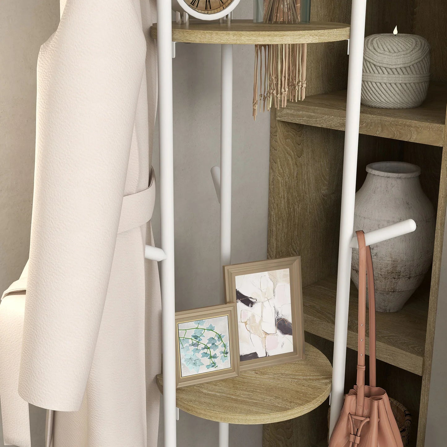 HOMCOM Freestanding Coat Rack made of Steel with 9 Hooks and 2 Round Shelves - Ø 40 x 167 cm in Natural and White