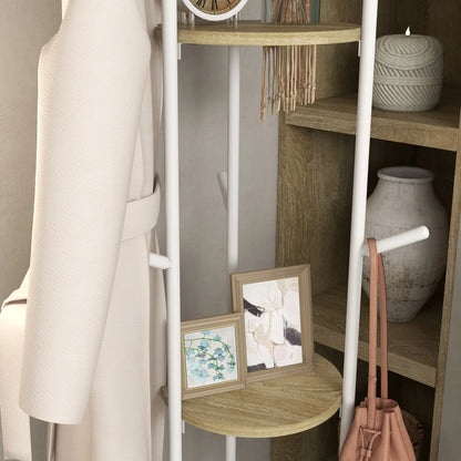 HOMCOM Freestanding Coat Rack made of Steel with 9 Hooks and 2 Round Shelves - Ø 40 x 167 cm in Natural and White
