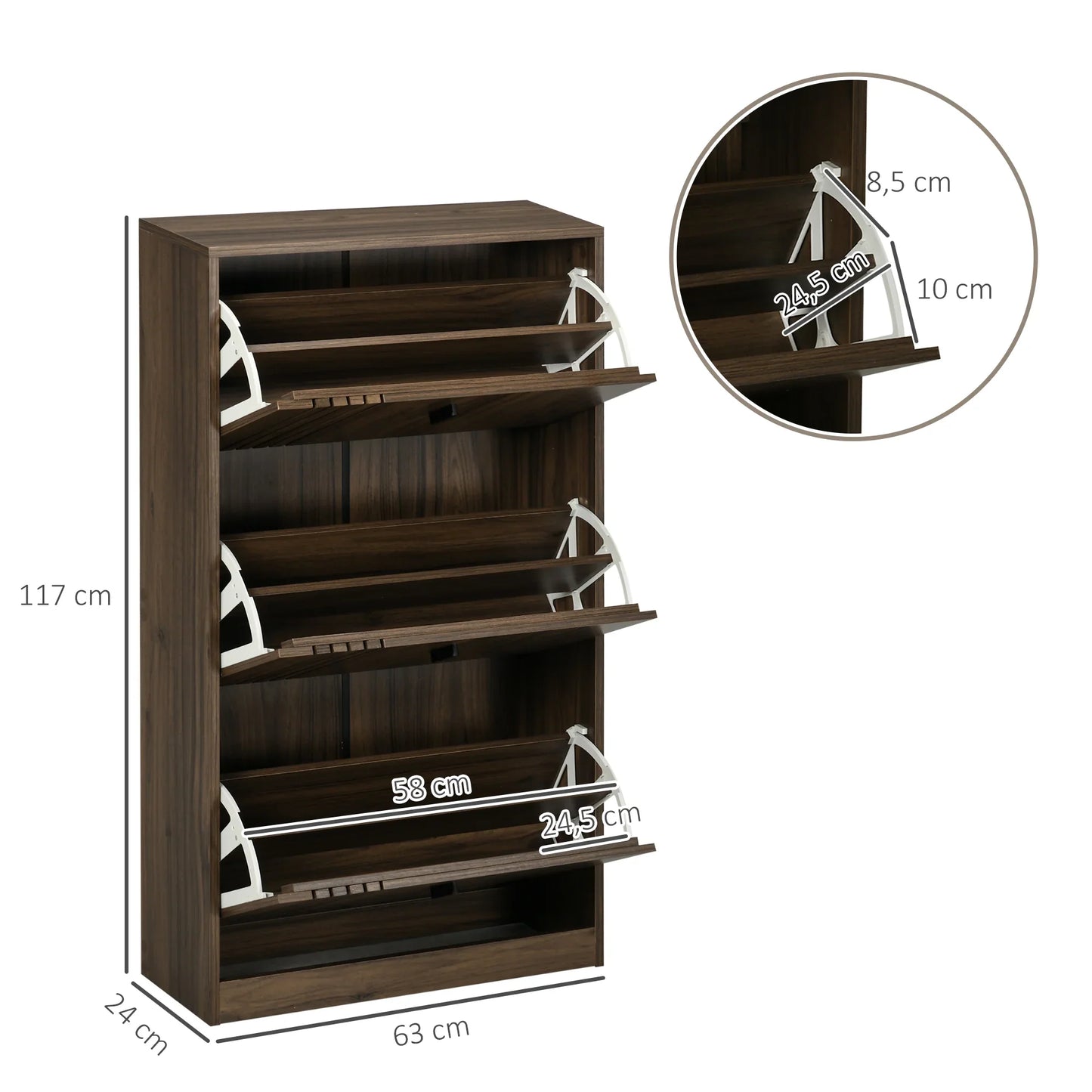 HOMCOM Schuhschrank mit 3 Klappen, für 18 Paar Schuhe, 3 Fächer, große Kapazität für Eingangsbereich, Flur, Wohnzimmer, 63 x 24 x 117 cm, Dunkelwalnuss