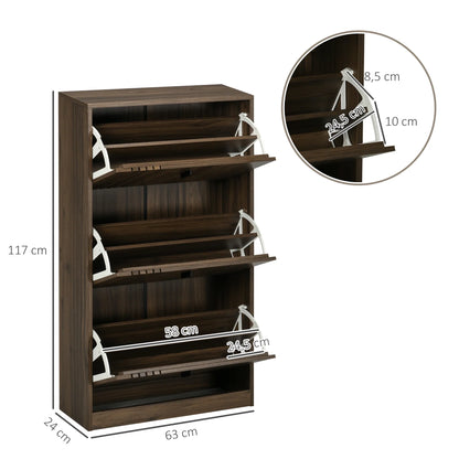 HOMCOM Schuhschrank mit 3 Klappen, für 18 Paar Schuhe, 3 Fächer, große Kapazität für Eingangsbereich, Flur, Wohnzimmer, 63 x 24 x 117 cm, Dunkelwalnuss