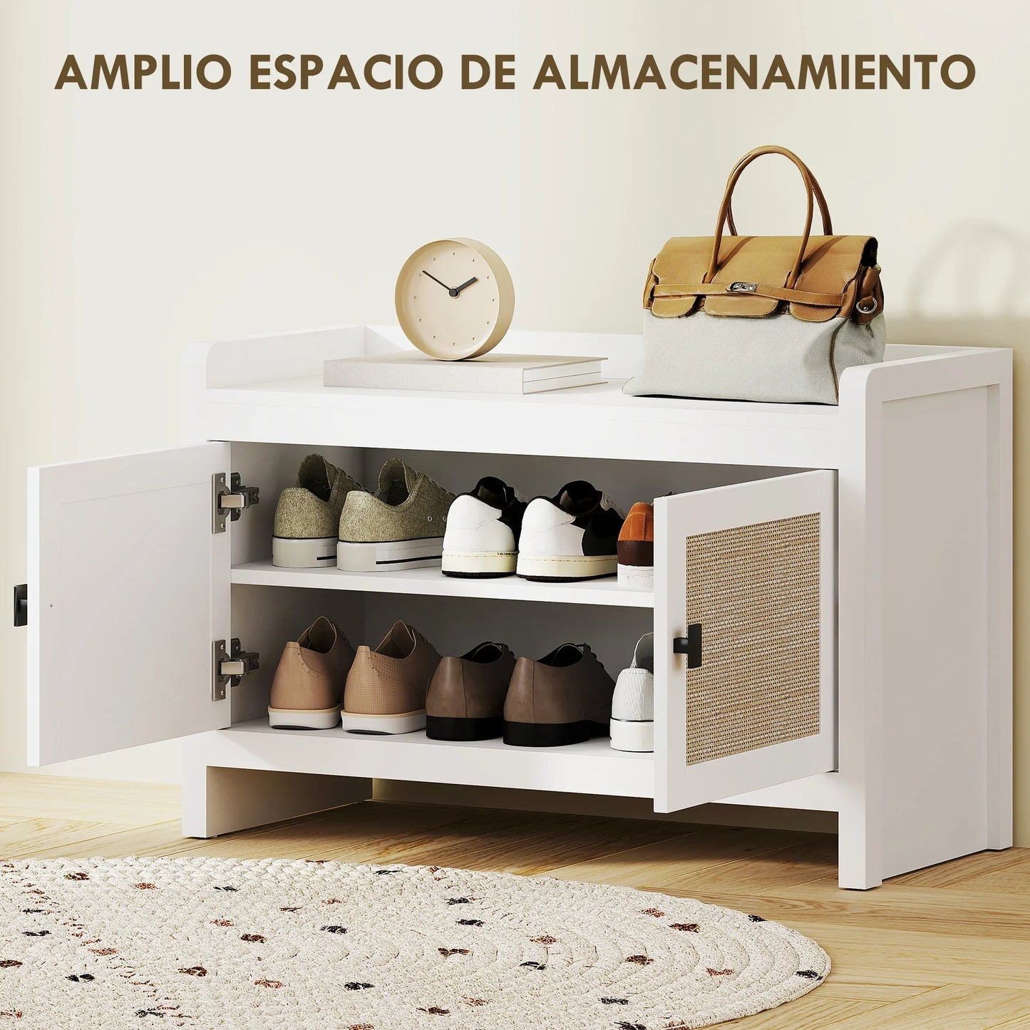HOMCOM Bohemian shoe bench with rattan front doors, removable shelf for 8 pairs of shoes for hallway and bedroom 80x35x52 cm white