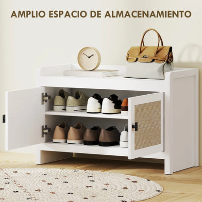 HOMCOM Bohemian shoe bench with rattan front doors, removable shelf for 8 pairs of shoes for hallway and bedroom 80x35x52 cm white