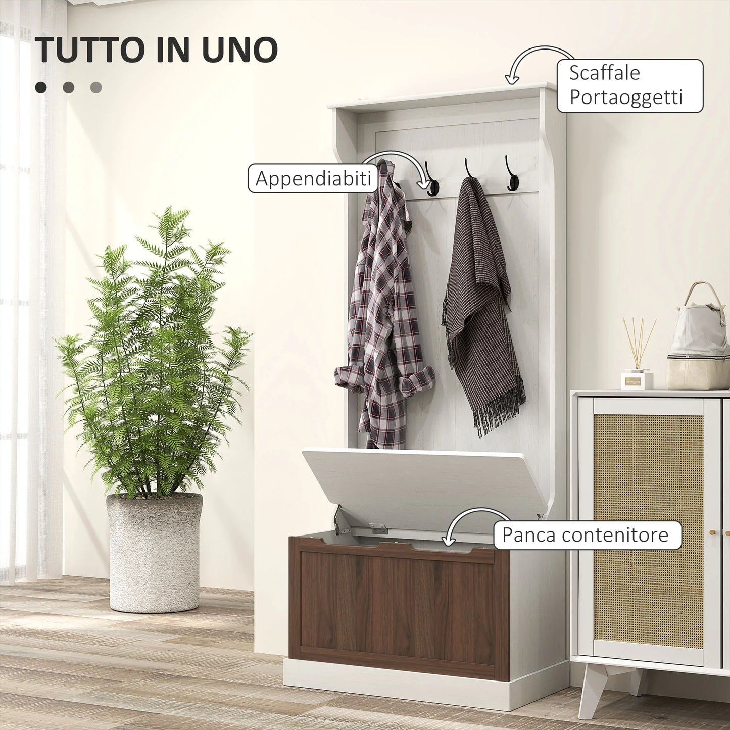 HOMCOM 3 in 1 Garderobenständer mit Schuhbank, platzsparender Boden-Garderobenständer mit 4 Haken und Ablagebank, MDF, für Flur, Schlafzimmer, 71,5x39,5x170 cm, Weiß und Braun