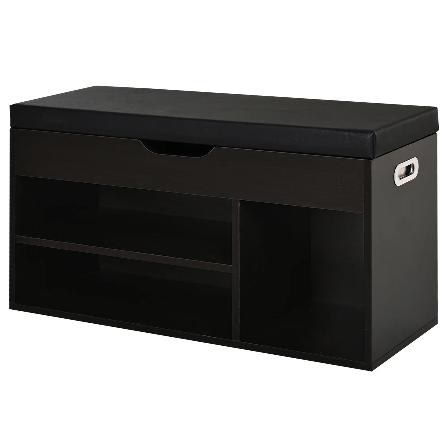 HOMCOM Gepolsterter Schuhschrank für den Eingangsbereich, Schuhbank mit Schuhregal, 3 Fächer, Sitzfläche aus PU-Leder, für Wohn- und Flurbereich, 80x30x43 cm, Schwarz