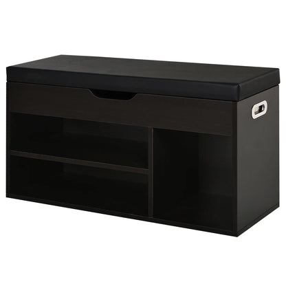 HOMCOM Gepolsterter Schuhschrank für den Eingangsbereich, Schuhbank mit Schuhregal, 3 Fächer, Sitzfläche aus PU-Leder, für Wohn- und Flurbereich, 80x30x43 cm, Schwarz