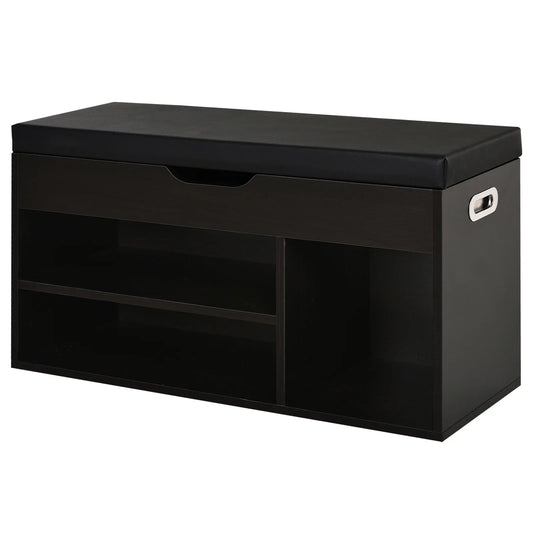 HOMCOM Gepolsterter Schuhschrank für den Eingangsbereich, Schuhbank mit Schuhregal, 3 Fächer, Sitzfläche aus PU-Leder, für Wohn- und Flurbereich, 80x30x43 cm, Schwarz