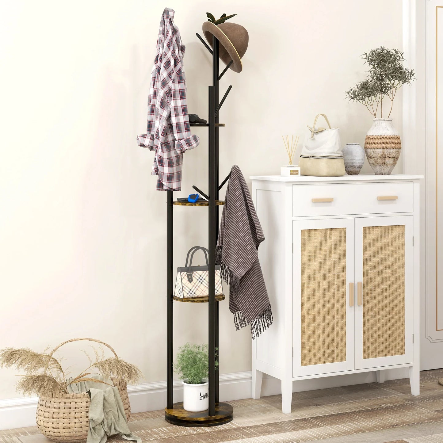 HOMCOM Rotating Freestanding Clothes Rack with 8 Hooks and 4 Shelves, Industrial Garment Rack for Entryway and Bedroom, Ø30x175cm, Rustic Brown
