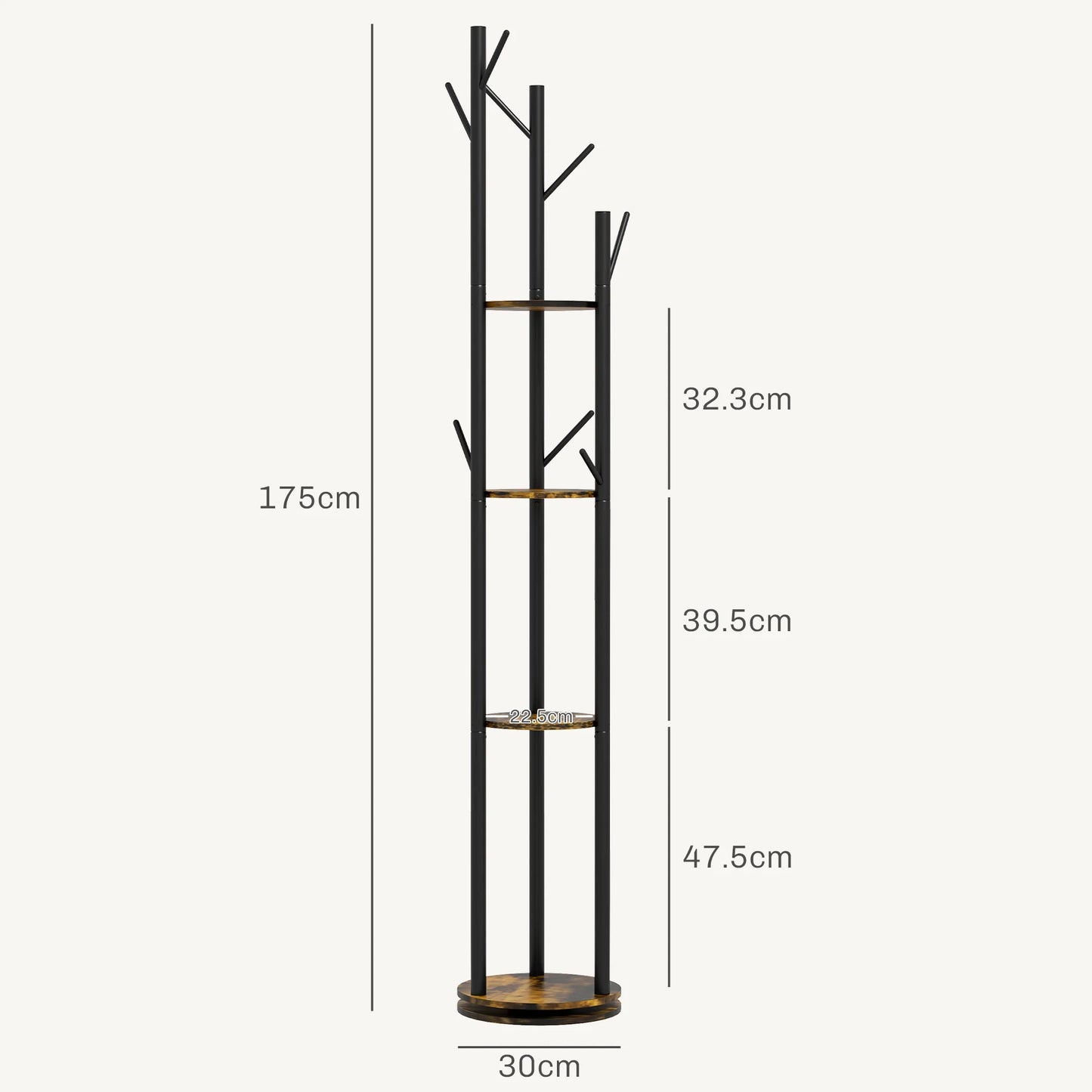 HOMCOM Rotating Freestanding Clothes Rack with 8 Hooks and 4 Shelves, Industrial Garment Rack for Entryway and Bedroom, Ø30x175cm, Rustic Brown