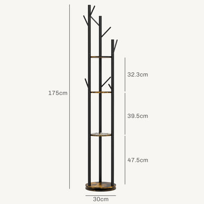 HOMCOM Rotating Freestanding Clothes Rack with 8 Hooks and 4 Shelves, Industrial Garment Rack for Entryway and Bedroom, Ø30x175cm, Rustic Brown