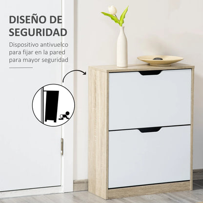 HOMCOM Schuhschrank aus Holz mit 2 Klapptüren und 4 Ablagefächern für 8 Paar Schuhe für Flur, Diele, Schlafzimmer 62,5x26x81 cm Weiß und Natur