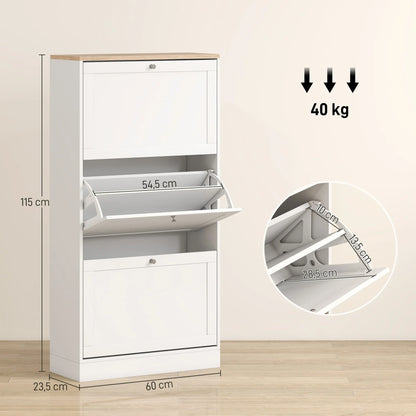 HOMCOM Schmales Schuhschrank mit 3 Klapptüren – Schuhaufbewahrung für den Eingangsbereich mit verstellbaren Regalen für 18 Paar Schuhe für schmale Flure 60x23,5x115 cm Weiß