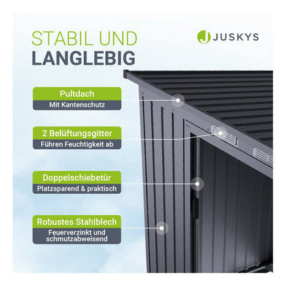 Juskys Metall Geräteschuppen  – Dunkelgrau, wetterfest mit Fundamentrahmen, Schiebetür & abschließbar - für Garten & Aufbewahrung