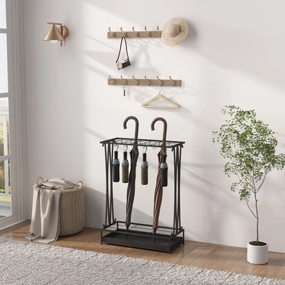 HOMCOM Regenschirmständer aus Stahl Rechteckiger Regenschirmhalter mit 24 Haken, 21 Öffnungen, Abnehmbarer Wassertropfschale für Gehstöcke & Regenschirme 50 x 24 x 68 cm Schwarz