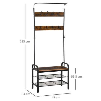 HOMCOM Clothes Rail Shoe Rack with 8 Hooks and 2 Shelves MDF Black 72.8 x 34 x 182 cm