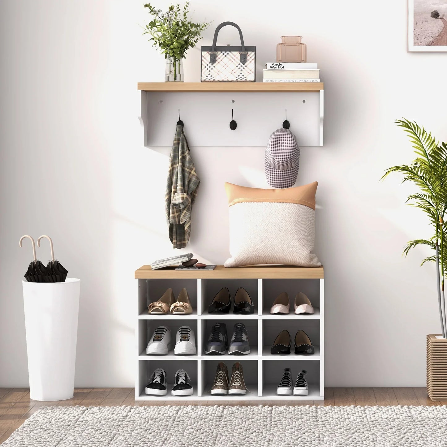 HOMCOM Coat Rack and Shoe Bench 2 in 1 Entrance Furniture with 3 Hooks and Shelves for 9 Pairs of Shoes 75x30x50 cm and 75x20x22.5 cm White