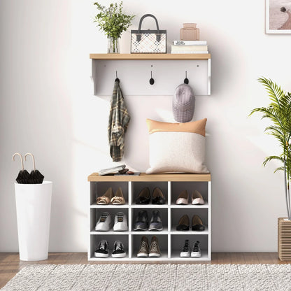 HOMCOM Coat Rack and Shoe Bench 2 in 1 Entrance Furniture with 3 Hooks and Shelves for 9 Pairs of Shoes 75x30x50 cm and 75x20x22.5 cm White