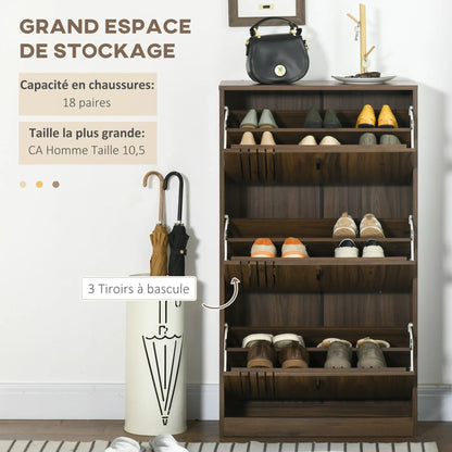 HOMCOM Schuhschrank mit 3 Klappen, für 18 Paar Schuhe, 3 Fächer, große Kapazität für Eingangsbereich, Flur, Wohnzimmer, 63 x 24 x 117 cm, Dunkelwalnuss