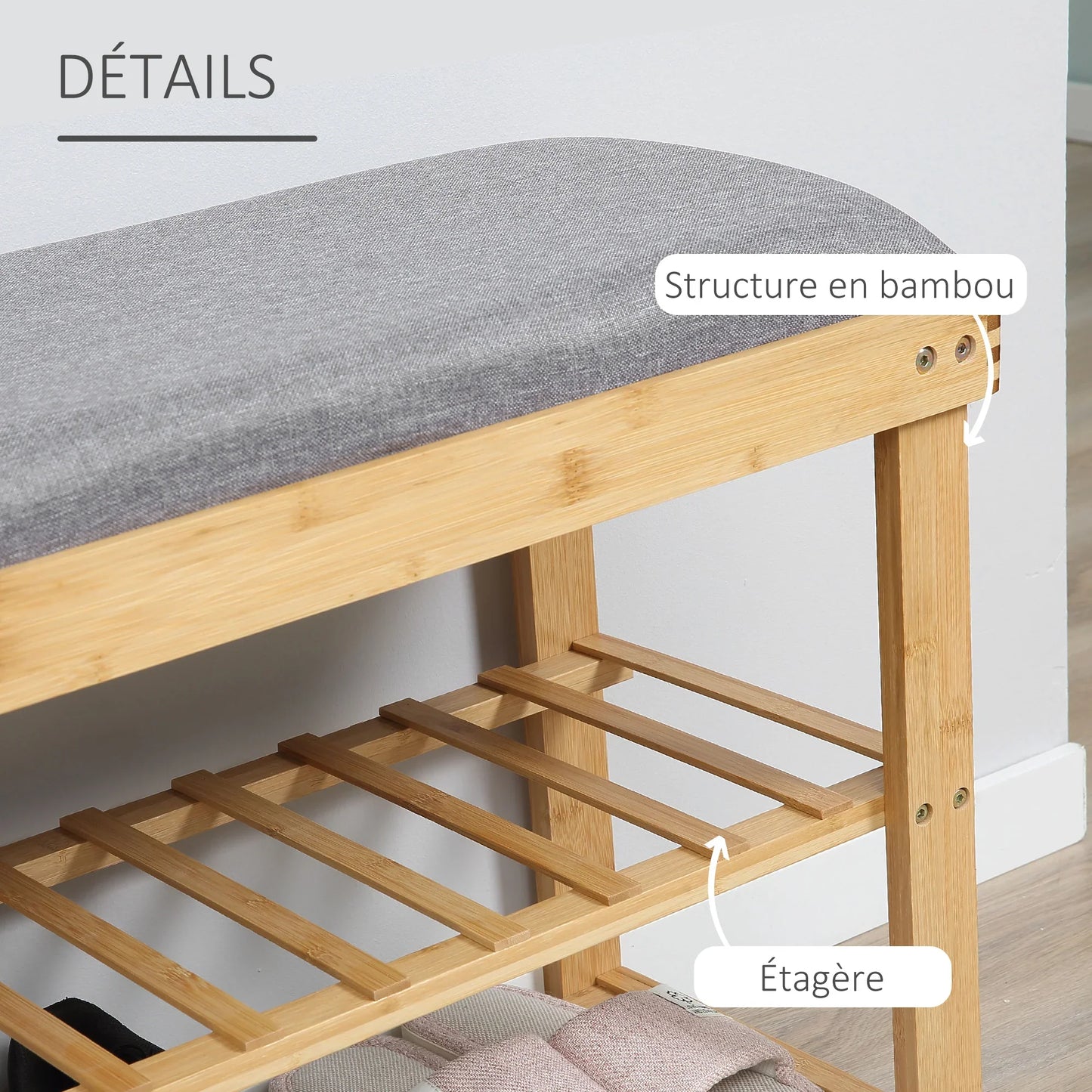 HOMCOM Shoe Storage Bench with Shoe Cabinet, 2 Shelves and Integrated Grey Cushion, made of Bamboo
