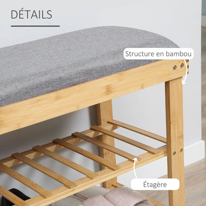 HOMCOM Shoe Storage Bench with Shoe Cabinet, 2 Shelves and Integrated Grey Cushion, made of Bamboo