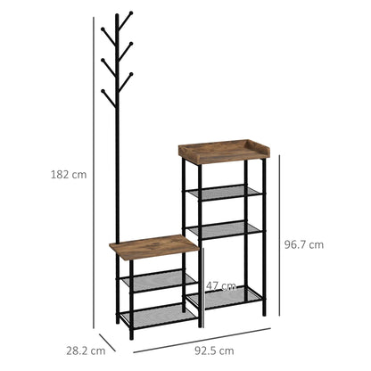 HOMCOM Garderobenständer mit Schuhregal und 5 Ablagen – Garderobenständer mit 6 Haken zum Aufhängen von Taschen und Kleidung im Industrie-Design 92,5x28,2x182 cm Rustikal Braun