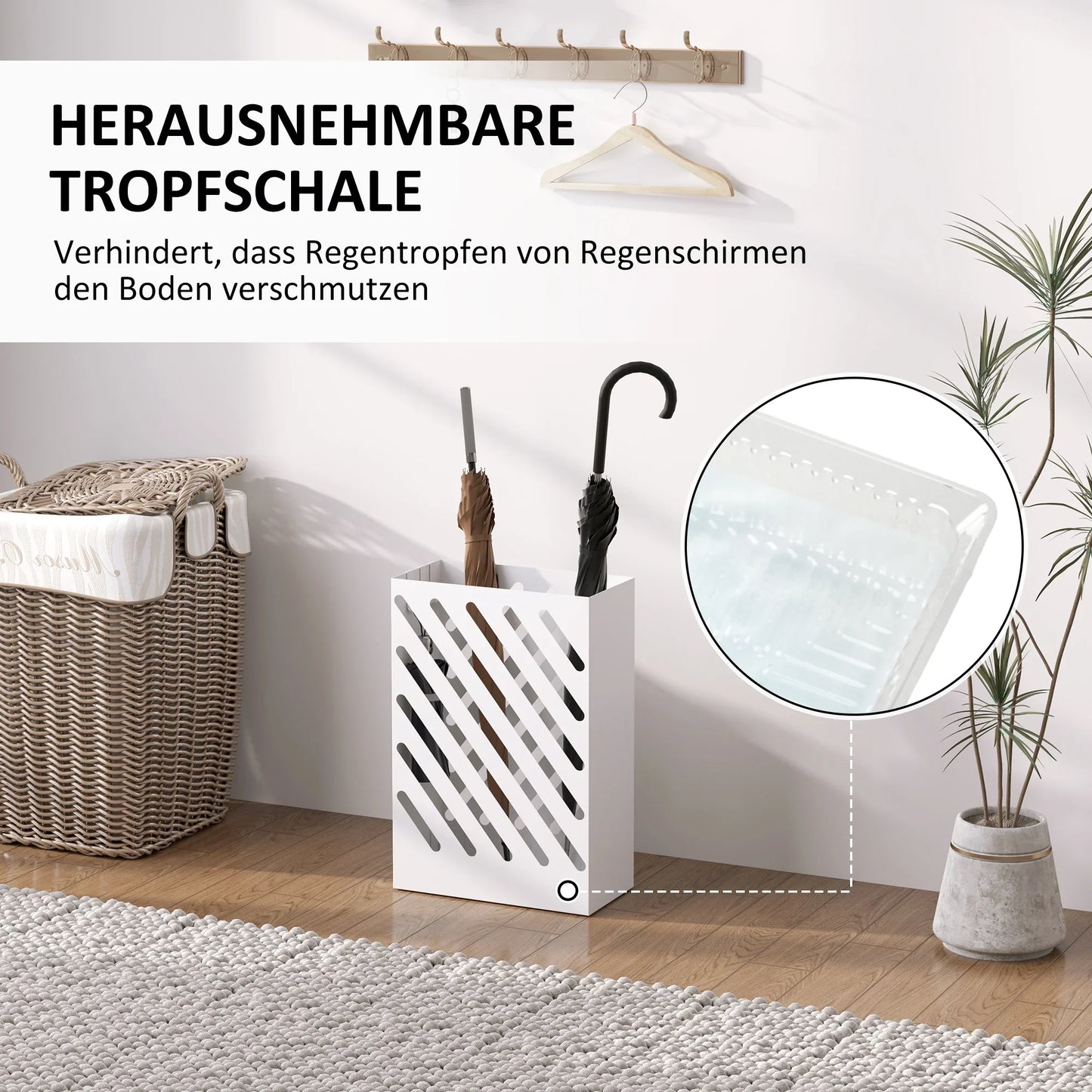 HOMCOM Schirmständer mit 4 Haken und herausnehmbarer Abtropfschale - Schirmhalter für Gehstöcke & Regenschirme, Stahl 28 x 14 x 41 cm Weiß