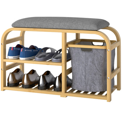 HOMCOM Schuhbank aus Bambus mit gepolsterter Sitzfläche, 2 Lattenregalen und verschiebbarem Stoffkorb, Flurbank für Flur, Schlafzimmer, 70x30x45cm, Naturholz
