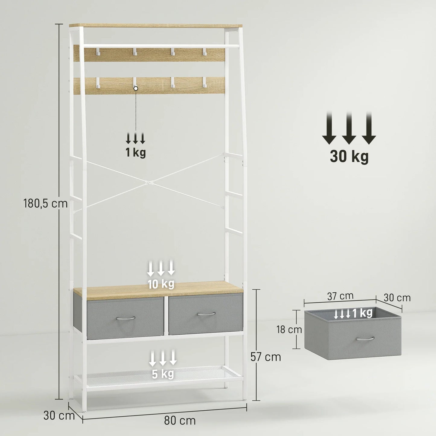 HOMCOM Coat Rack with Shoe Bench – Entryway Hall Tree with Storage Bench, 8 Hooks, 2 Fabric Drawers, Industrial Style Mesh Shelf for Hanging Clothes – Hallway, Bedroom, Living Room 80x30x180.5 cm Natural