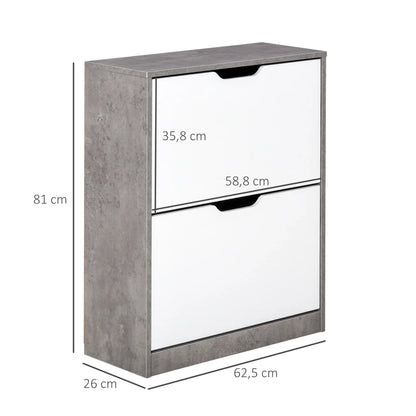 HOMCOM Holz Schuhschrank Schuhregal mit 2 Klapptüren und 4 Ablagen für 8 Paare im Eingangsbereich Flur Schlafzimmer 62,5x26x81 cm Grau