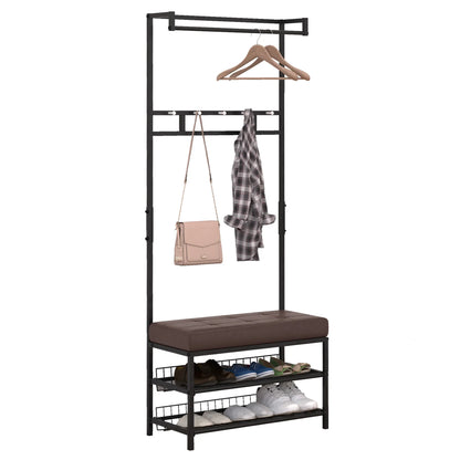 HOMCOM Kleiderständer mit 5 Haken und Schuhbank mit 2 Ebenen, Metallkleiderständer für Flur, Schlafzimmer, 72,5 x 35 x 180 cm