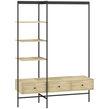 HOMCOM 4-in-1 Freistehender Garderobenständer mit Ablagen, Schubladen & Kleiderstange – Eiche-Optik, Metallgestell, Kippschutz (H 180 cm)