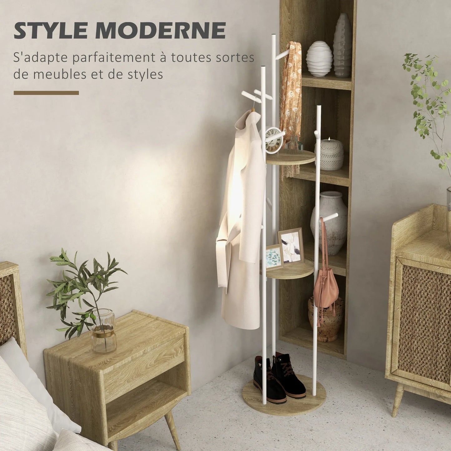 HOMCOM Freestanding Coat Rack made of Steel with 9 Hooks and 2 Round Shelves - Ø 40 x 167 cm in Natural and White