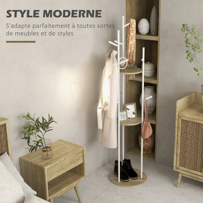 HOMCOM Freestanding Coat Rack made of Steel with 9 Hooks and 2 Round Shelves - Ø 40 x 167 cm in Natural and White