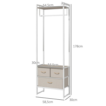 HOMCOM Coat Rack for Hallway with 3 Fabric Drawers, Clothes Rail and Shelf for Hallway, Bedroom, Living Room 58.5x30x178 cm Natural
