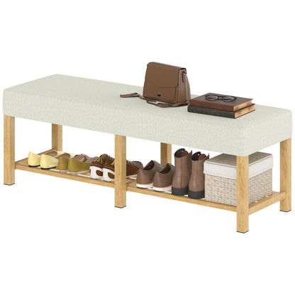 HOMCOM Schuhbank — Moderner Flurbank mit gepolstertem Sitz für 2, offene Schuhablage, Gummibaumholz, für Flur, Diele, Wohnzimmer, 140 x 44 x 48 cm, Creme & Naturholz