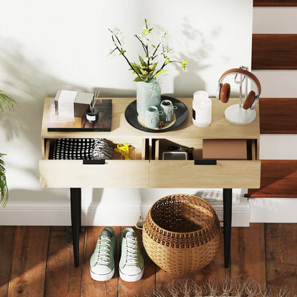 HOMCOM Console Table for Hallway with 2 Drawers and Steel Legs, 100x30x80.5 cm, Oak