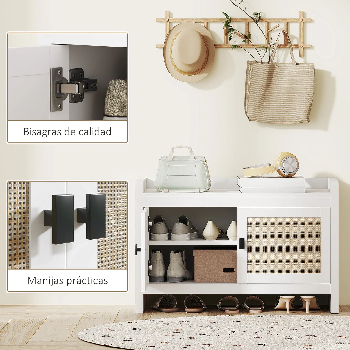 HOMCOM Bohemian shoe bench with rattan front doors, removable shelf for 8 pairs of shoes for hallway and bedroom 80x35x52 cm white