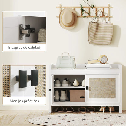 HOMCOM Bohemian shoe bench with rattan front doors, removable shelf for 8 pairs of shoes for hallway and bedroom 80x35x52 cm white