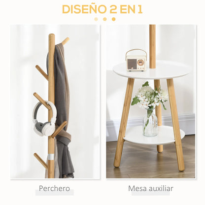 HOMCOM 2-in-1 Bambus Kleiderständer Baum mit 2 Ablagen und 5 Haken für Kleidung und Taschen, Aluminiumrahmen für Eingangsbereich und Schlafzimmer, 39,5x39,5x171 cm Natur